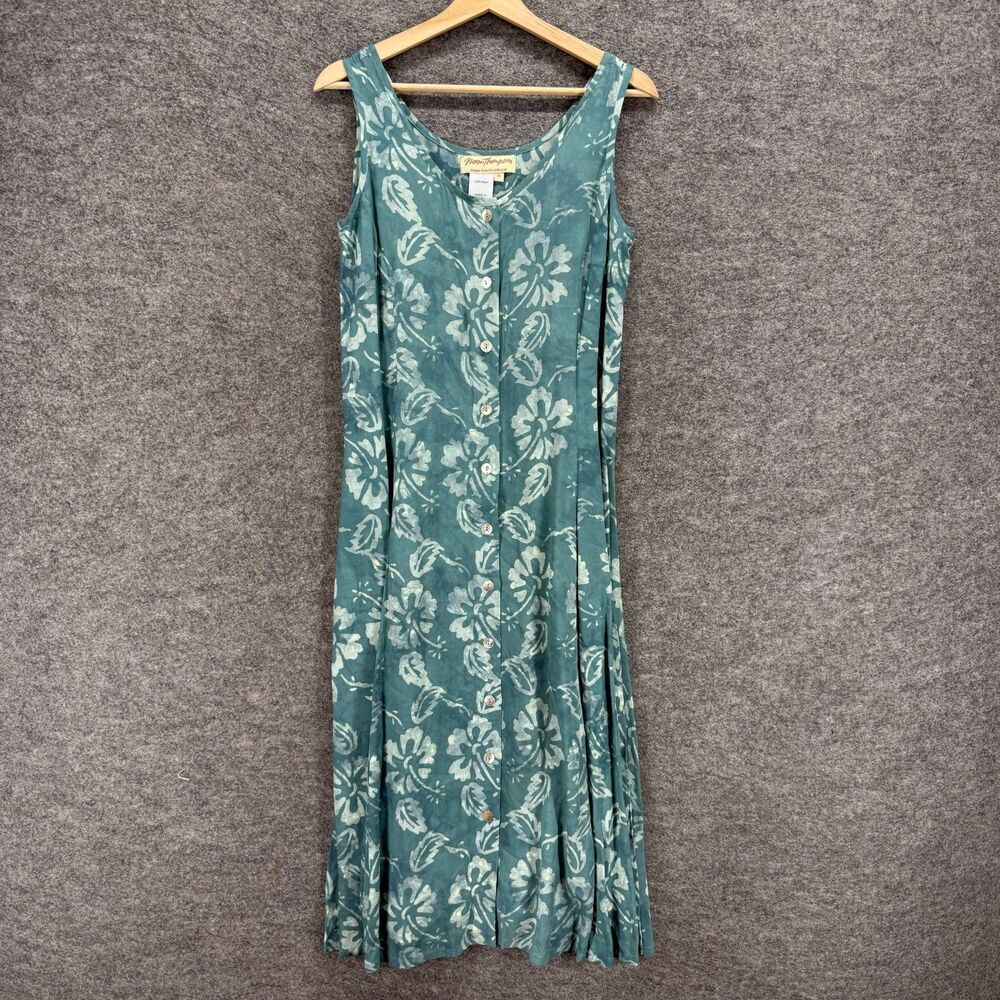 Norm Thompson Dress Women M Medium Blue Floral Maxi Long V-Neck Button Rayon